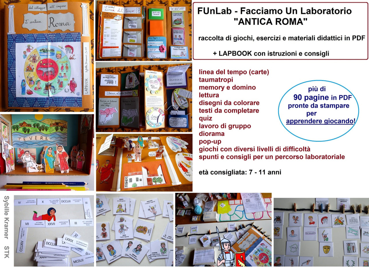 FUNLAB “ANTICA ROMA”. Raccolta di giochi e materiali didattici + Lapbook. Formato pdf, età 7-11 anni.